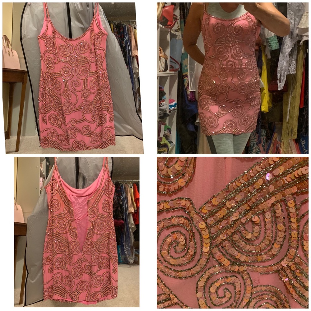 Hey I made bubblegum pink cocktail beaded and sequin cocktail dress fits size 2